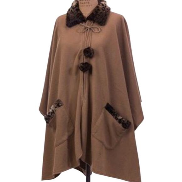 LeModa Vintage Faux Fur Leopard trim Fleece Poncho OS - Picture 8 of 9